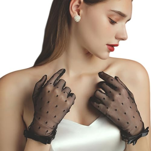 Navna Guantes de novia de lunares con puños de lazo para bodas, fiestas, ocasiones formales, cenas, bailes, accesorios de moda para mujer, guantes de boda, Negro, Talla única