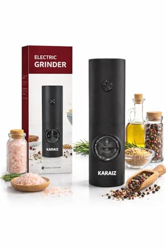 KARAIZ Electric Salt and Pepper Grinder with LED Light– One-Touch Operation, Battery Powered with Adjustable 5 Levels of Coarseness– for Pepper, Salt, Herbs & Spices