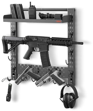 VEVOR Soporte de Montaje en Pared para Armas de Fuego, Capacidad de 3 Escopetas, con Estante Superior y Ganchos Adicionales para Accesorios, Acero al Carbono, para Almacenamiento Herramientas Tall
