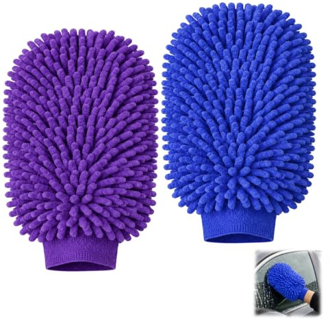 EujRcf 2 PCS Car Wash Mitt, Microfibre Wash Mitt, Super Absorbent Wash Gloves, Double Sided Chenille & Coral Fleece Microfibre Wash Mitts, Deep Purple and Navy Blue