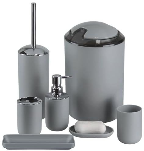 IMAVO Bathroom Accessories Set,Grey Bathroom Set,7 Pieces Bathroom Accessory Set,Tray,Toilet Brush,Trash Can for Bathroom Décor and Housewarming Gifts