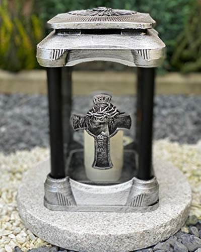 Lámpara de tumba con diseño de cruz de Jesús, vela para tumba, decoración para tumba, decoración de jardín, incluye vela para tumba