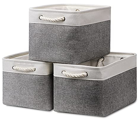 HNZIGE Large Fabric Storage Baskets (3 Pack) - Foldable Gift Baskets with Rope Handles, Decorative Organizers for Home (White & Gray, 15 x 11 x 9.5)