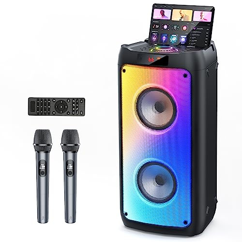 HWWR Karaoke Machine with 2 Wireless Microphones, Portable Bluetooth Speaker for Adults, Big Party PA System with Disco Lights for Gatherings, Support TWS/TF Card/USB/AUX/TVs Connected，Stage Monitors