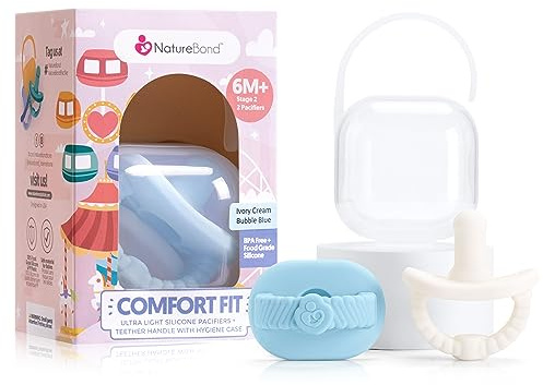 NatureBond Chupetes de silicona para bebé recién nacido (2 paquetes) + estuche para chupete | Binkies de bebé | Silicona de grado alimenticio (Above 6 Months, Bubble Blue + Ivory Cream)