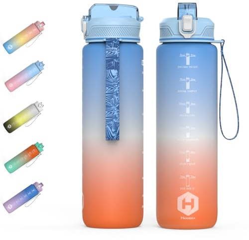 HOMEEX 1L (32oz) Motivational Water Bottle, BPA-free Sports Water Bottle with Time Marker - Quotes - One-Click Technology Ideal for Jogging, Hiking, Office, School, Adults, Children (Blue & Orange)