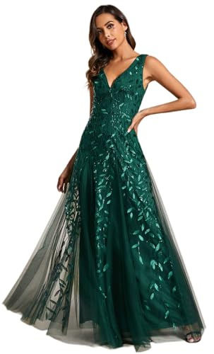Ever-Pretty Abito da Sposa Madre Paillettes Tulle Scollo A V Stile Impero Ospiti di Nozze Senza Maniche Verde Scuro 46