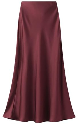 Gonna da donna in raso a vita alta, gonna in seta per le donneEstate Casual Sexy Midi Lunghezza Gonna elastica, Rosso vinaccia, M