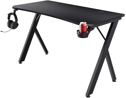 Trust Gaming GXT 712 Dynamus Tisch 120 x 60 cm, Computertisch mit Kopfhörer Ständer und Getränkehalter, Kabelmanagementlöcher, Metallbeine, Gaming Schreibtisch für PC Setup Büro - Schwarz