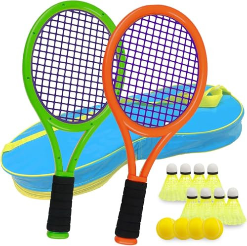 Federball Set Kinder Beinhaltet 17 Zoll Tennisschläger Kinder,8 Badminton,4 Softball,Tieforangegrün