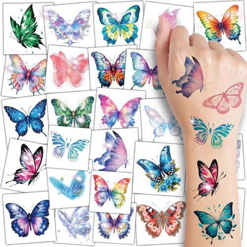 CHARLENT Tatuaggi temporanei con farfalle glitterate per bambini, 74 fogli individuali, tatuaggi ad acquerello con farfalle per decorazioni di compleanno per bambini