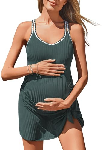 Summer Mae Ribbed Maternity One Piece Swim Dress Pregnancy Swimsuit with Built-in Bottom Swimwear Tie Knot Skirt Bathing Suit Olive 10