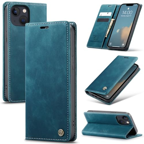 Azororo Cover per iPhone 13 5G, Premium PU Pelle Custodia, Magnetica Carta Fessura Portafoglio Case, Flip Cavalletto Custodia per iPhone 13 - Blu verde