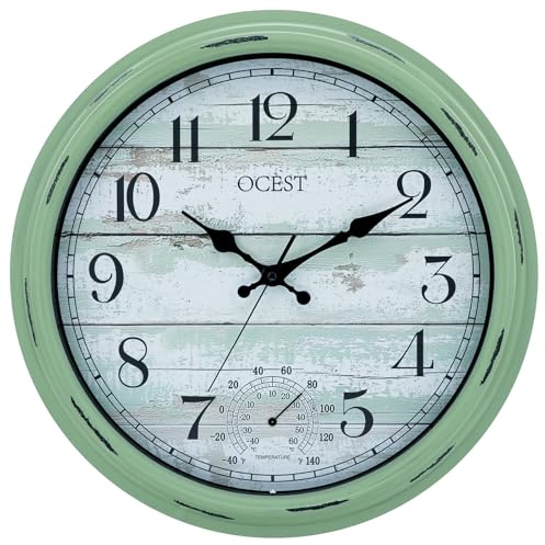 OCEST Grande horloge murale étanche pour intérieur et extérieur de 40,6 cm avec thermomètre, silencieuse, sans tic-tac, fonctionne à piles, décoration pour terrasse, piscine, porche, jardin, garage
