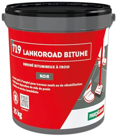 PAREXLANKO - Enrobé à froid prêt à l’emploi - 719 LANKOROAD BITUME - Pour réparation express des chaussées et nids-de-poule - Remise en service immédiate - Facile à utiliser - Noir - 25kg