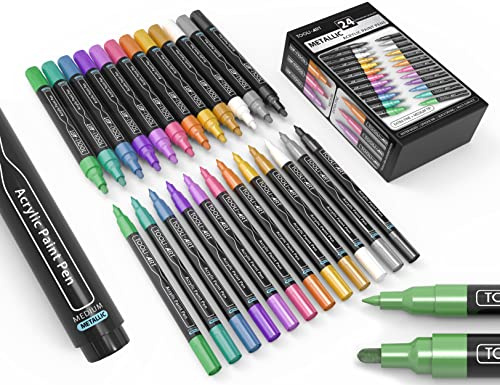 Acrylic Paint Markers Paint Pens Special Colours Set Extra Fine And Medium Tip Combo For Rock Painting, Canvas, Fabric, Glass, Mugs, Wood, Ceramics, Plastic, Multi-Surface. Non Toxic, (METALLIC)