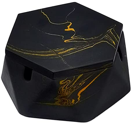 FREELOVE Concrete Ashtray with Lid & Stainless Steel Ashtrays for Cigarettes, Cement Ash Tray Smoking Holder Indoor Smokeless Outdoor Windproof Patio Home Office Cool Decor(Black-Gold, Small)