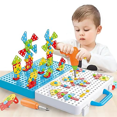 Nukdey 3D Take Apart Toy Electric Drill Set 316pcs 4 in 1 Creative Puzzles Assembly DIY Construction Building Set with Electric Drill Screwdriver Peg Board Mosaic Educational Toy for Kids Boys Girls