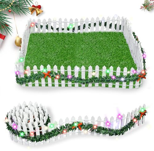 Wichtel Zubehör Weihnachten Miniatur Zaun Holzzaun,Wichtelhaus Weihnachtsdeko Beleuchtung Gartenzaun, Puppenhaus Mini Weihnachtszaun Mit Lichtern(100 cm x 5 cm)