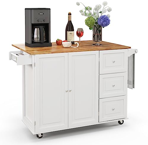 GIANTEX Hopfällbar köksvagn, servicevagn, köksbänk, köksskåp i trä, hjul med 2 bromsar, vikbräda och 2 justerbara hyllor, 136 x 76 x 91 cm (vit vit)