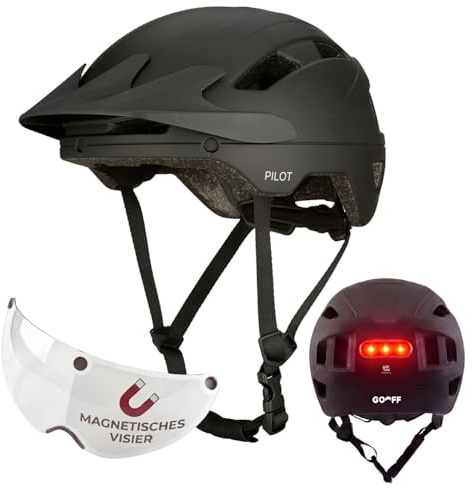 GOOFF Pilot S-Pedelec Helm - Schutz für schnelle E-Bike Fahrten – Fahrradhelm mit Visier und Licht – NTA 8776-zertifizierter Zweirathelm für Damen und Herren (Schwarz mit Sonnenblende, L)