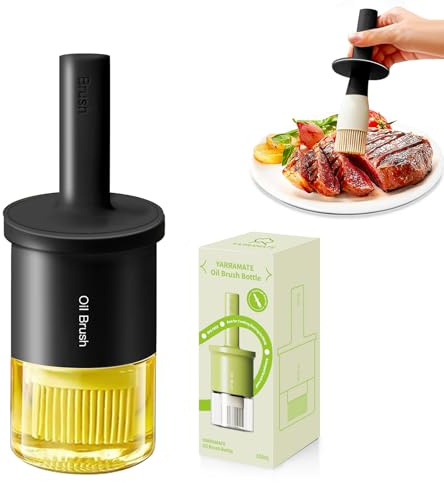 YARRAMATE Botella Dispensadora de Aceite con Cepillo Resistente al Calor, Recipiente de Vidrio y Silicona para Untar en Cocina (Negro)