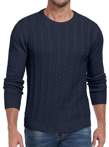 Hisir Maglioni da uomo lavorati a maglia intrecciata, invernali, con girocollo, a maniche lunghe, pullover caldo per uomo, blu navy, L