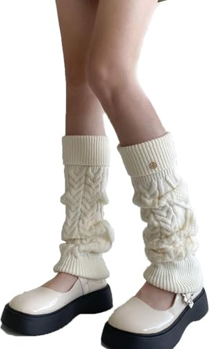 Andiwa Jambières pour femme et fille en laine - Jambières tricotées - Chauffe-jambes flexibles et chaudes - Chauffe-genoux - Chaussettes longues, Couleur crème, 42