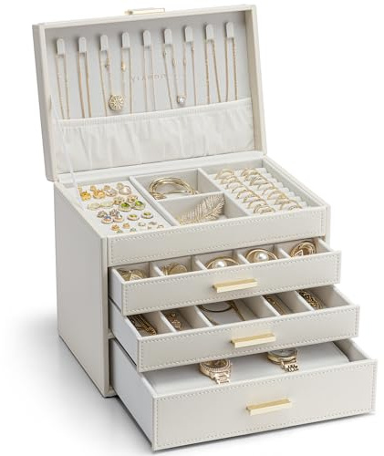Vlando Modern Schmuckkästchen Groß,Schmuckaufbewahrung mit 4 Ebenen,Schmuckschatulle Damen, für Ohrringe, Ringe Schmuck Aufbewahrung, mit Schubladen, Spiegel, Uhrenkissen, Geschenk für frauen