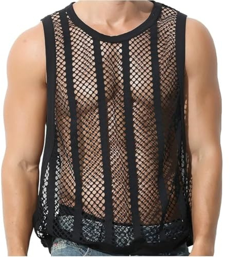Men's Sleeveless Mesh Vest, See-Through Cut Off Fishnet Muscle Tee Shirt, Breathable Loose Fit Sheer Casual Undershirt, Fashion Hollow Out Tank Tops Activewear for Workout Gym Summer Clubwear Black