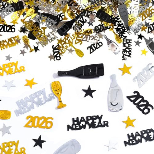 2026 New Year Decorations Confetti, 30g 2026 Happy New Year Table Confetti Black Gold Silver Star Scatters Table Decorations NYE Party Supplies Photography Props