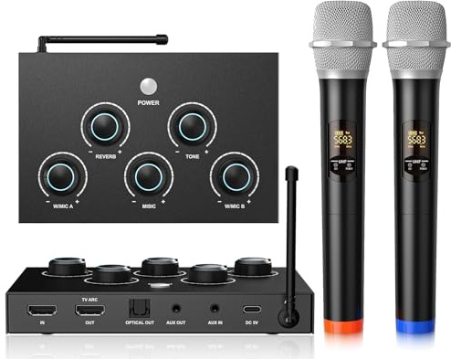 Wireless Karaoke Microphone System, Microphone Mixer Dual Handheld Wireless Microphones, HDMI & AUX in/Out, Optical Out, 100ft Range, Karaoke Mic for TV, Speakers, Singing, Church & Wedding