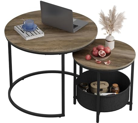 WLIVE Coffee Table Set of 2, Round Nest of Tables with Storage, Stacking End Side Tables for Living Room, Bedroom, Office, Balcony, Apartment, Grey Brown