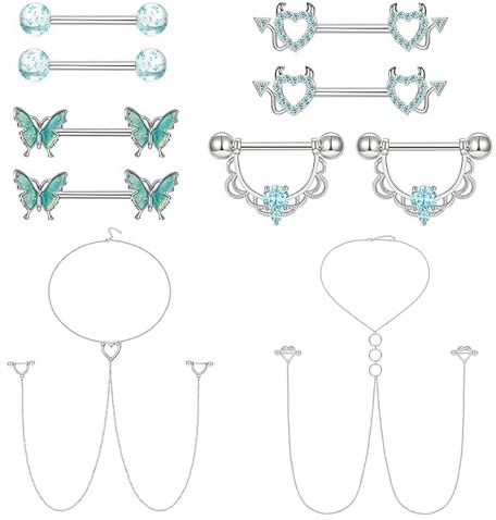 UJBVCX 10 Piezas Barbell Piercing y Cadena Pezón Acero Inoxidable, Piercing Oreja Acero Piercing para Mujer（Azul）