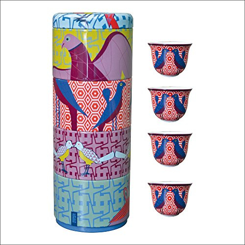 Images d'Orient Birds of Paradise Tin Box Gift Set – 4 Porcelain Coffee Cups (60ml), Elegant Storage Tin, Microwave & Dishwasher Safe