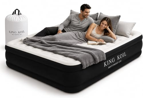 King Koil Raised Air Mattress With Built-In 120V Ac High Capacity Internal Pump Comfort Quilt Top First Ever Cal King Airbed King For Home Camping Travel 1-Year Guarantee California King Black