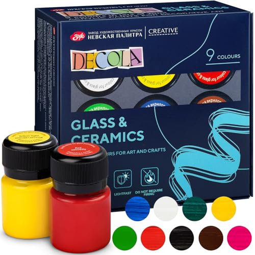 Decola Set 9 Colori per Porcellana - 9x20ml Pittura Acrilica per Dipingere Permanente per Vetro - Alta Copertura su Superfici Scure - Realizzati da Nevskaya Palitra