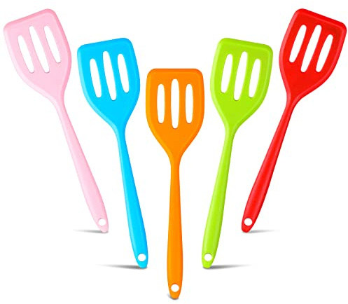 Romooa 5 Pack Small Silicone Spatula Mini Rubber Turner High Heat Resistant Slotted Egg Fish Spatula Flipper Small Pancake Turner Mini Serving Cooking Kitchen Utensils (Red Blue Green Orange Pink)