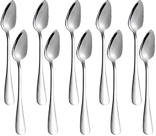 10 PCS Grapefruit Spoons, Stainless Steel Grapefruit Spoon Utensil Set, Serrated Edge & Thick Gauge Handle, Silver Kitchen Tool with Non-stick Plating for Kiwi, Dessert, Apple, Citrus Fruit