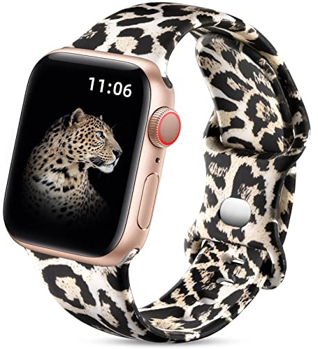 Upeak Bracelet Floral Double Face Compatible avec Apple Watch Strap 38mm 40mm 41mm 42mm(Series 10 11), Motif Silicone Bracelet Souple pour iWatch Series 11/10/9/8/7/6/5/4/3/2/1/SE, Léopard