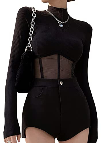 QKEPCY Donna Maglietta a Maniche Lunghe Crop Top Basic Top Trasparente Camicia Mesh Tops Sexy Manica Lunga Maglietta Trasparente Blusa Tops Slim Fit T Shirt in Tulle (S)