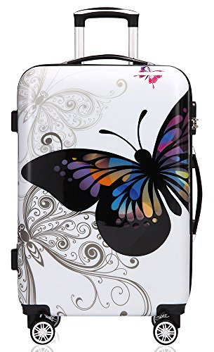 MONZANA® Butterfly Hard Shell Suitcase Large - Lightweight Polycarbonate Travel Luggage with 360° Spinner Wheels, Telescopic Handle & Combination Lock, White Checked Suitcase