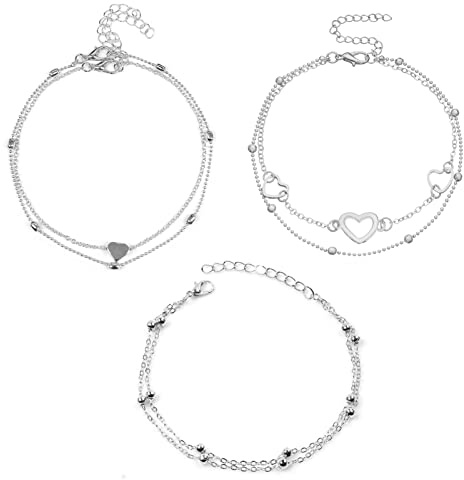 Zngou 3Pcs Anklets For Women, Adjustable Ankle Chain Layered Bracelet Foot Anklet Heart Pendant Boho Double Beach Jewelry Silver Bracelet, 8.7 inch