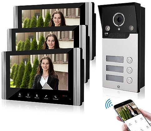 FTes RFKits Tuya Videocitofono Wireless, 1080P per Esterni, Touch Screen da 7 pollici, Rilevamento di Movimento PIR, Visione Notturna,Controllo App Tuya (3 Casa di Famiglia)