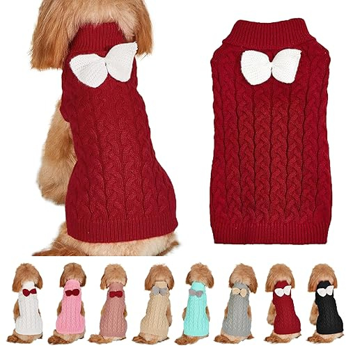 Maglione per cani, a forma di dolcevita con fiocco, per cani, abbigliamento invernale caldo, per cani, gatti (rosso, L)
