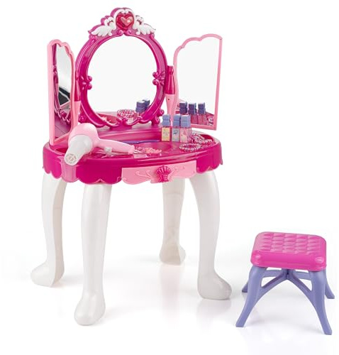 Pink Kids Dressing Table with Mirror & Stool - Vanity Table & Chair Set for Girls & Toddlers