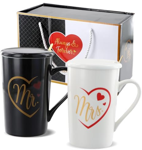 Wisebom Mr e Mrs Tazze di Ceramica Tazze da Caffè Mr E Mrs Coppia Regalo per Coppie per Matrimonio Anniversario Tazzine Tazze da Caffè Mr e Mrs Coppia Set Regalo con Coperchi e Cucchiaini(400ml)