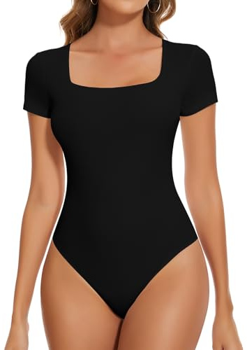 SHAPERIN Body Donna Scollo Quadrato Bodysuit Manica Corta Blusa Estiva Bodysuit Top Tinta Unita, Nero, L