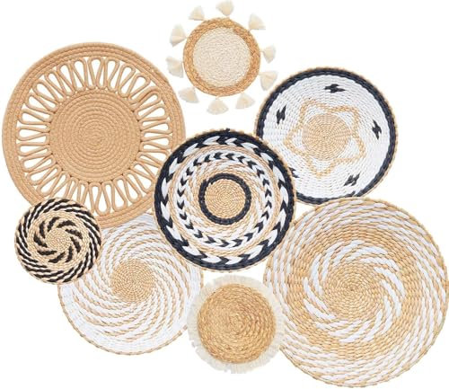 8 Pcs Boho Wall Decor, 12 Inch Rattan Wall Decor Round Handmade Hanging, Rattan Woven Wall Basket Decor for Living Room, Rustic Flat Elegant, Farmhouse, Bedrooms, Table Settings, Kitchen Home
