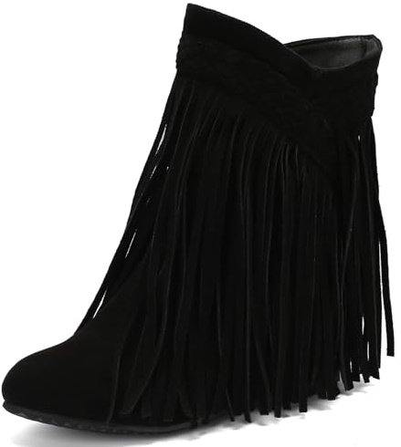 Lizoleor Compensées Bout Rond Femmes Bottes Franges A Enfiler Aughommestation Classique Suède Mode Cuir Verni Bottillons Noir Taille 38 EU/39Cn